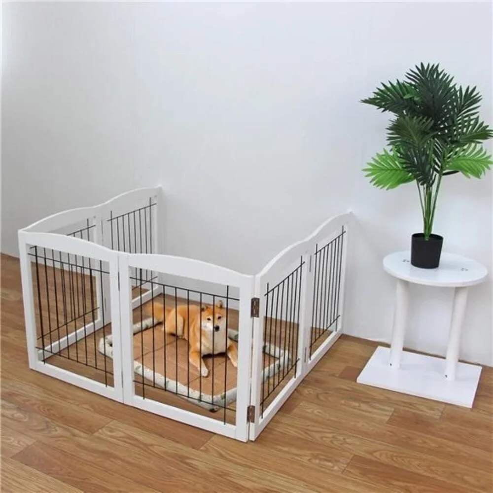 Freestanding Foldable Dog Gate for House ExtraWide Wooden Whiteindoor Puppy Gate